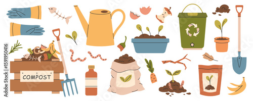 Set of elements for organic composting. Garden tools, fertilizer, organic waste, plants, soil, gloves, wooden compost bin. Vector illustration.