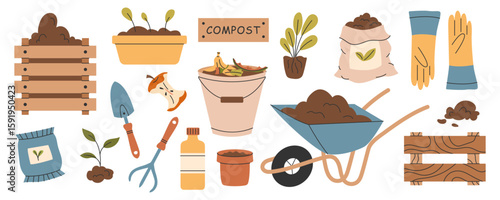 Set of elements for organic composting. Garden tools, fertilizer, organic waste, plants, wheelbarrow with soil, gloves, wooden compost bin. Vector illustration.