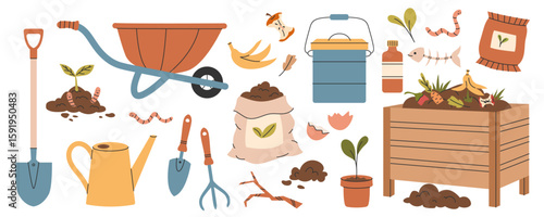 Set of elements for organic composting. Garden tools, fertilizer, organic waste, plants, wheelbarrow, soil, gloves, wooden compost bin. Vector illustration.
