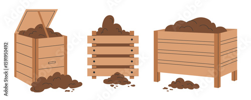 Set of three wooden garden compost bins for decomposing organic waste. Backyard composting system with separate containers for fresh waste, biodegradable matter and finished compost.