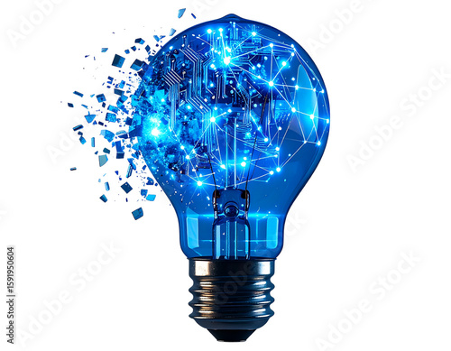 Futuristic Light Bulb Disintegrating into Digital Particles with Neon Glow, Side Perspective, Transparent Background