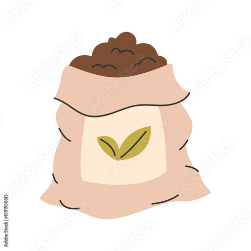 Soil bag. Garden bag filled with compost or organic fertilizer. Ecological clipart. Vector illustration.