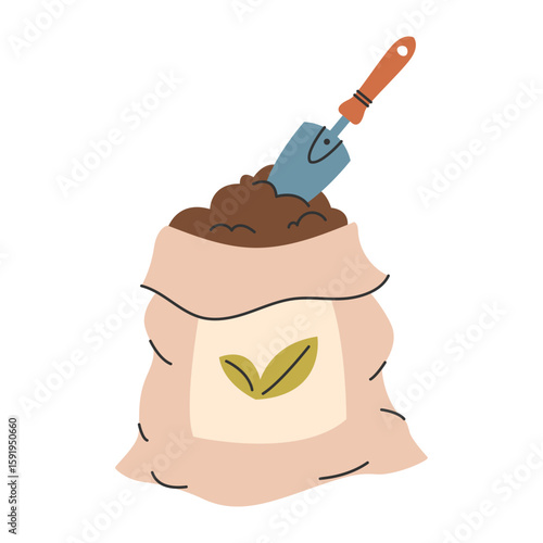 Soil bag with hand shovel. Garden bag filled with compost or organic fertilizer. Ecological clipart. Vector illustration.
