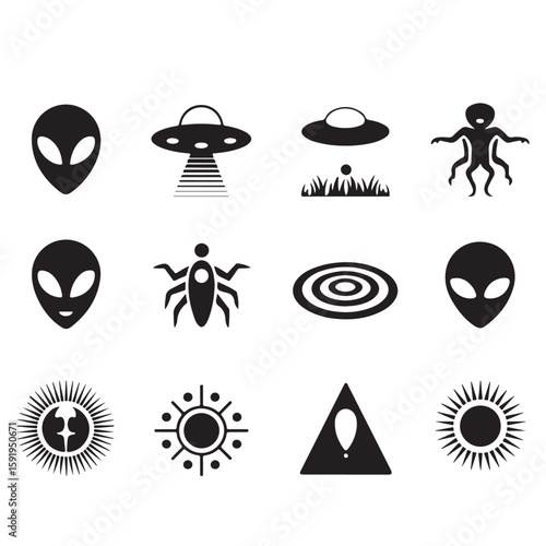 A collection of various black vector icons including aliens ufos bugs and suns arranged on a white background
