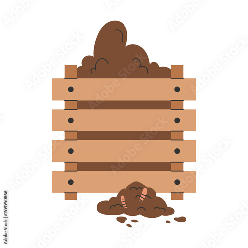Wooden compost bin with dark soil. Garden box filled with composted organic matter, rich natural fertilizer for plants and gardening.