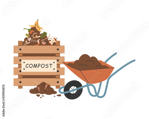 Wooden compost bin with decomposing organic waste and worms in soil. Garden wheelbarrow filled with rich compost. Vector illustration.