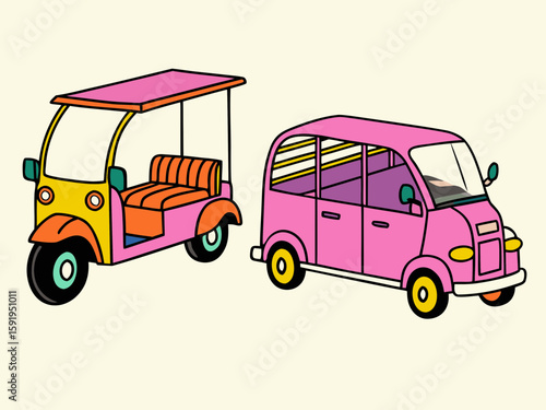 Colorful cartoon tuk tuk and mini van transportation duo