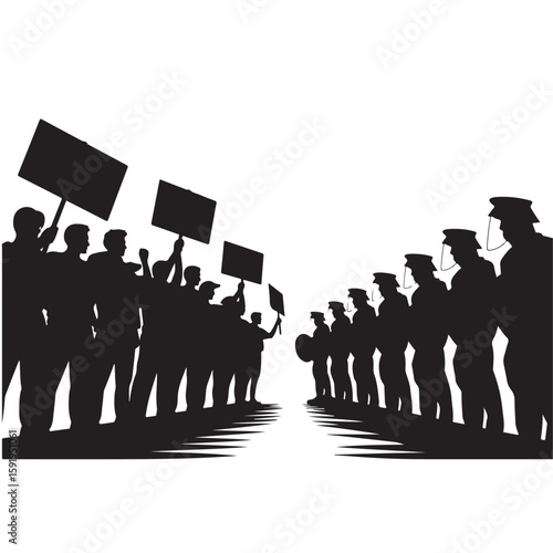Silhouette of protesters holding signs facing a line of police officers in a standoff situation scene
