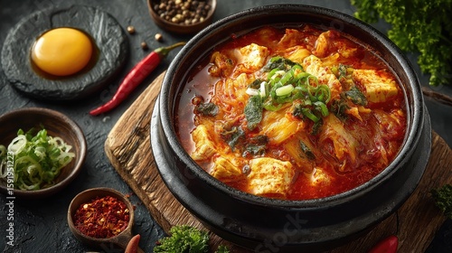 South Korea dish Kimchi Jjigae Spicy fermented cabbage stew with pork or tofu bubbling hot
