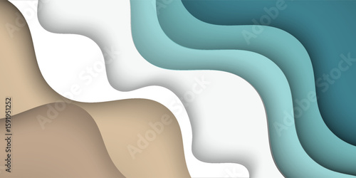 Abstract blue sea and beach summer background with paper waves and seacoast for banner, invitation, poster or web site design. Paper cut style, 3d effect imitation