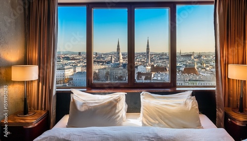 vienna city view from travel hotel room bed window