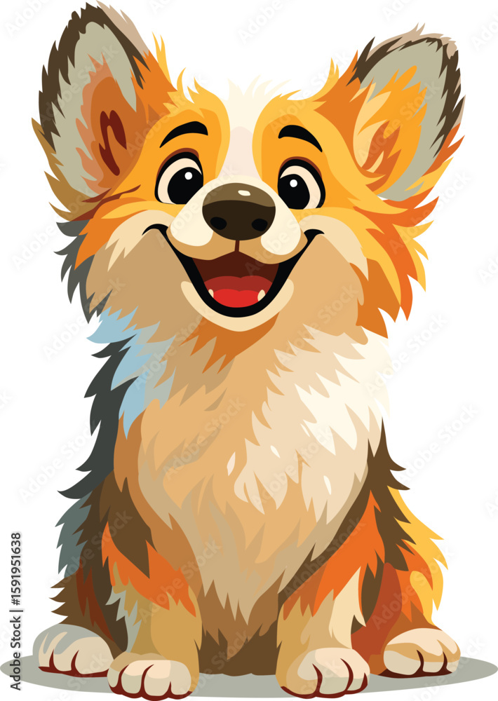 Fototapeta premium Happy Corgi Cartoon Dog Vector Cute and Fluffy Smiling Puppy with Big Ears and Bright Eyes, Fun Pet Character Illustration for Kids Books, T-Shirt Design, Stickers, Posters, or Animal Mascot Art