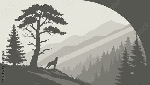 Vector Silhouette of wolf howling near tree mountainous landscape, evoking tranquility and nature
