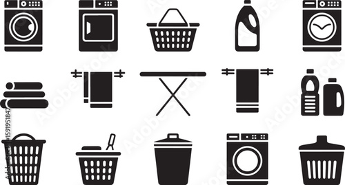 Laundry Room Essentials: Black Silhouette Icons for Washing, Drying, and Cleaning Clothes