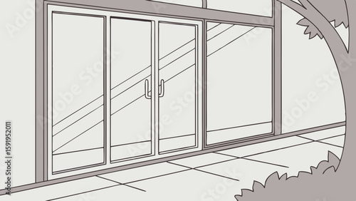 Vector Modern glass sliding door with sleek design, framed by greenery, enhances outdoor view