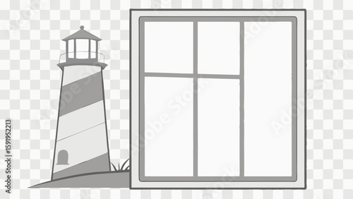 Vector Lighthouse stands beside large rectangular frame, creating serene coastal scene