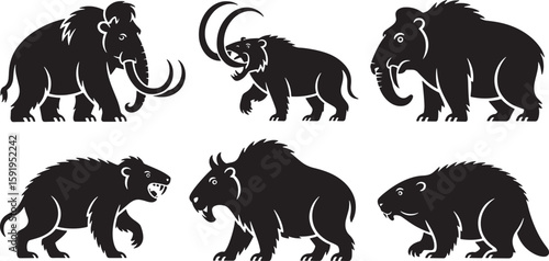 Prehistoric Animals Silhouettes on Transparent Background Featuring Mammoth, Saber-Toothed Tiger, and Cave Bear