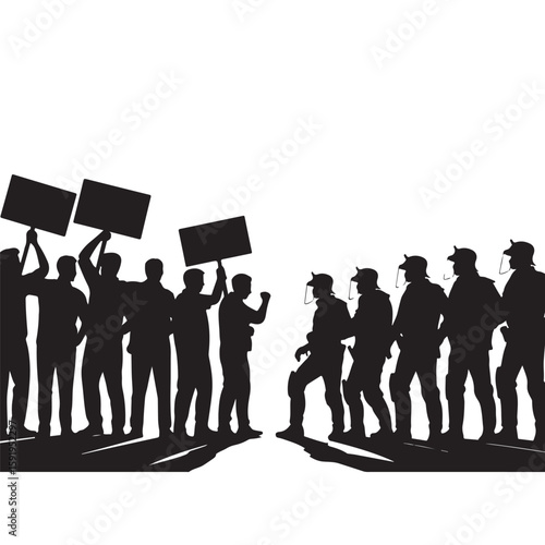 Silhouette of protesters holding signs facing a line of riot police in a tense confrontation scene