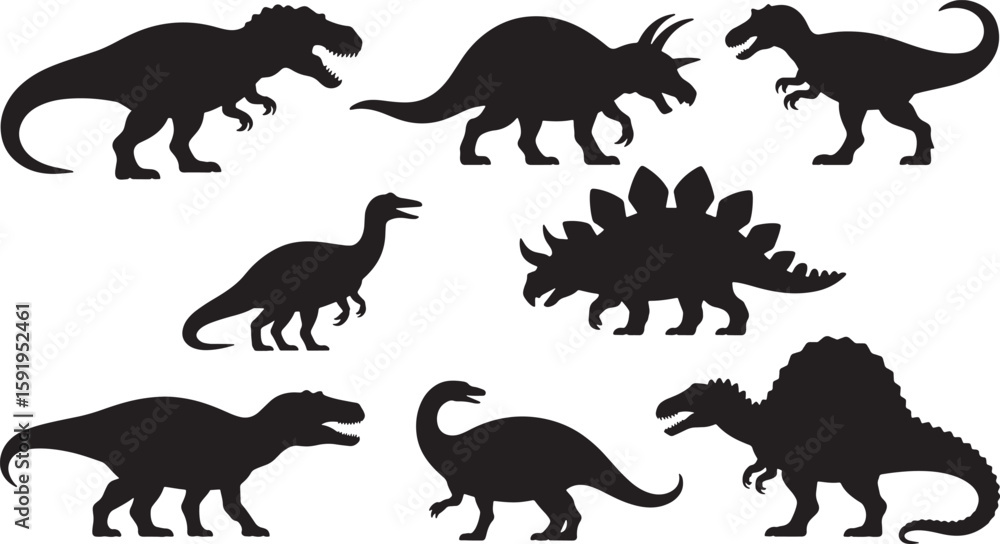 Obraz premium Silhouette Dinosaurs Collection Tyrannosaurus Triceratops Stegosaurus Spinosaurus Isolated on Transparent Background