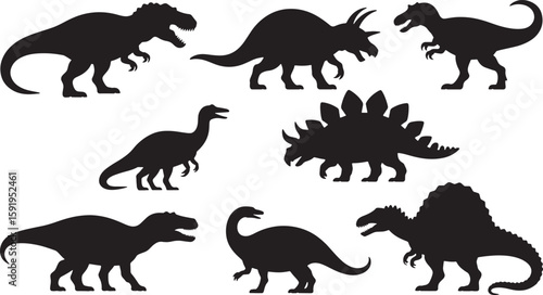 Silhouette Dinosaurs Collection Tyrannosaurus Triceratops Stegosaurus Spinosaurus Isolated on Transparent Background
