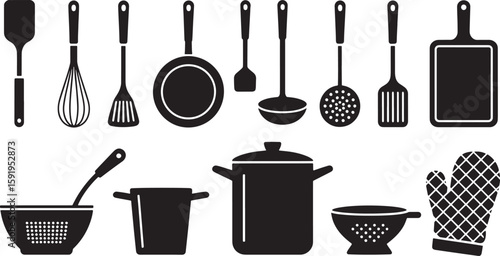 Extensive Kitchenware Silhouette Vector Collection Featuring Cooking Pots, Pans, and Various Utensils