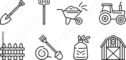 Gardening Tools Line Art Collection Shovel Rake Wheelbarrow Isolated on Transparent Background