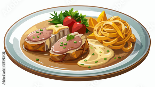 Modern style traditional roasted pork fillet medallions in cream sauce with chanterelle mushrooms and spaetzle served as close-up on a Nordic design plate white background