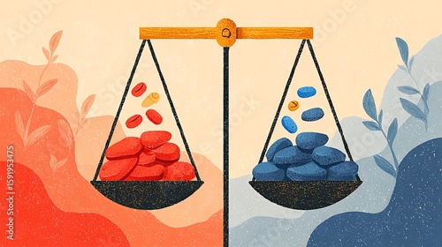 A scale with two different colored piles of objects on each side. The objects on the left side are red and the objects on the right side are blue