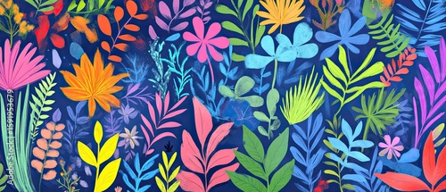 Abstract botanical pattern, vibrant colors, bold shapes, tropical plants and leaves, hand-drawn texture