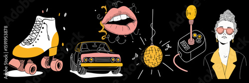 Set of 1980s and 1990s vintage doddle style vector design elements