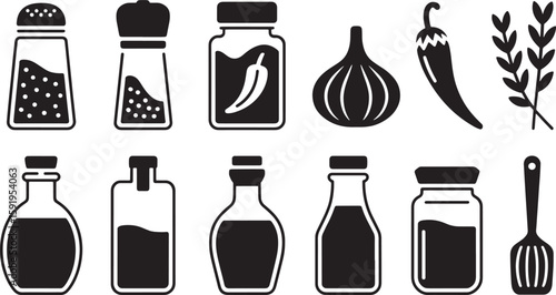 Culinary Spice and Oil Collection: Black Silhouette Icons for Cooking, Seasoning, and Flavor Enhancement