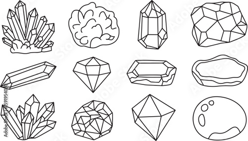 Crystal and Gemstone Outlines Set on Transparent Background for Jewelry Design and Geological Illustrations