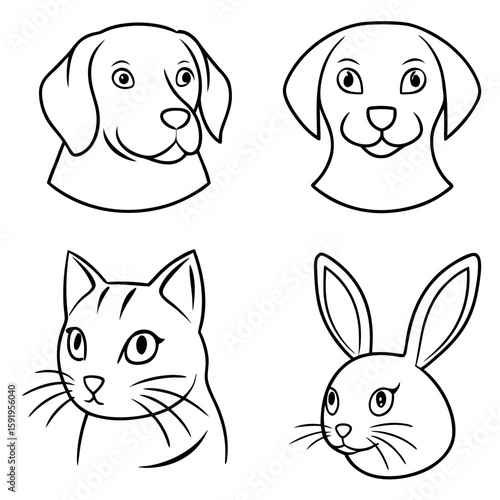 Dog cat rabbit animal faces cartoon illustration vector