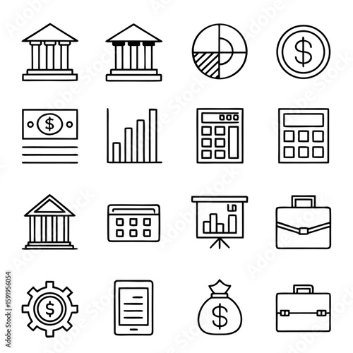 Financial icons bank coin money chart calculator briefcase bag building dollar