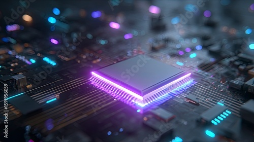 3D render of a digital chip with glowing purple and blue lights representing technology and AI concepts 