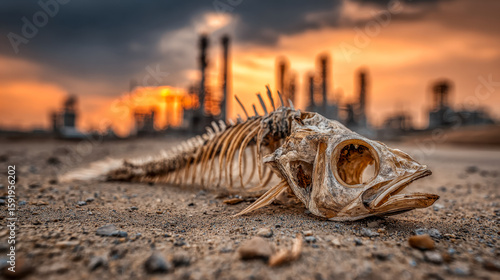 Fossilized fish skull lying on a deserted industrial landscape at sunset