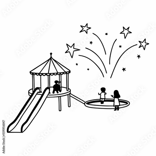 Whimsical night-time playground line art_ Kids playing on a glowing slide and starlit merry-go-round, fireflies in the air. Thin white lines on dark blue background, dreamy atmosphere