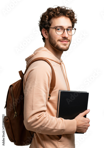 Young caucasian man, early 20s, short curly brown hair, light beard, glasses, peach hoodie, holding black book, backpack strap, standing confident against clean white studio background with copy