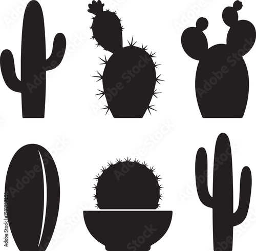 Six black cactus silhouettes on white background succulent