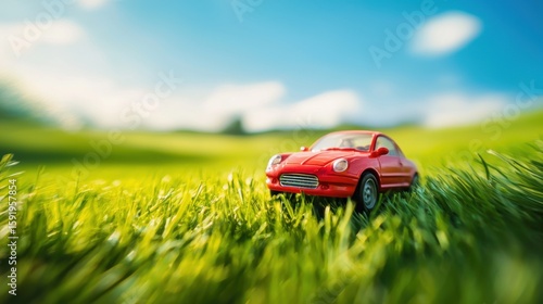 Playful Toy Car Racing Across Green Meadow
