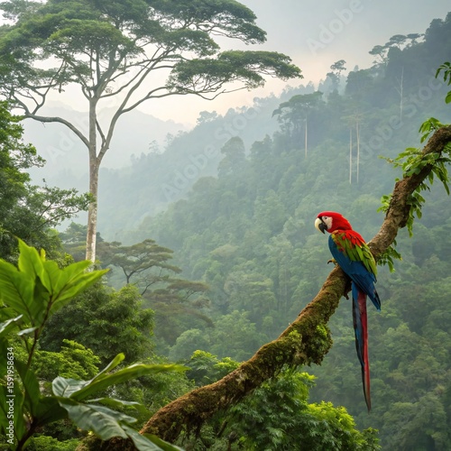 Scarlet Macaw Perched on Mossy Tree in Lush Rainforest Jungle

