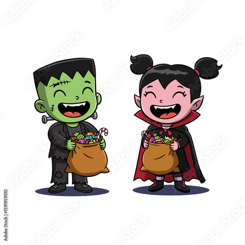 Cartoon Frankensteins monster and vampire girl holding candy bags on a white background