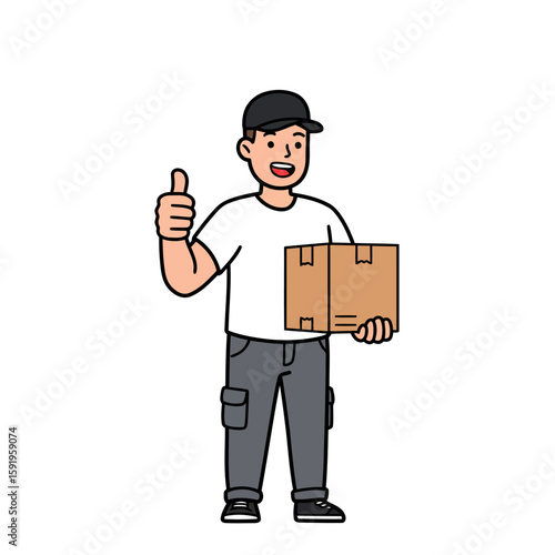 Cartoon man in hat gives thumbsup while holding cardboard box