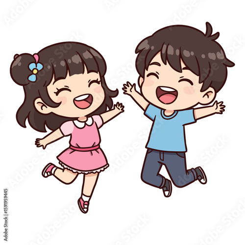 Two cartoon children a girl in a pink dress and a boy in blue are joyfully jumping in the air with open arms