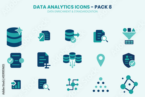 Data Enrichment and Standardization Icons – Data Analytics Flat Vector Icon Set