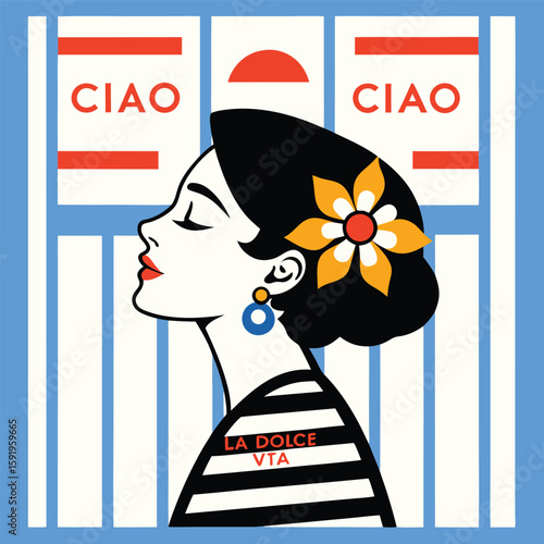 A vintagestyle illustration depicts a woman with a flower in her hair, framed by windows with the word ciao, evoking a sense of italian elegance and retro fashion