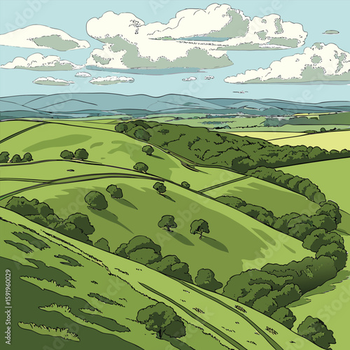 A scenic vector illustration of rolling green hills and fields under a blue sky with fluffy clouds, capturing the beauty of the rural countryside landscape