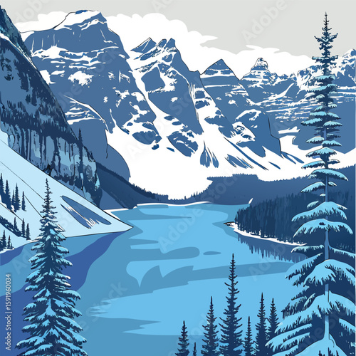 A picturesque vector illustration of moraine lake in banff national park, alberta, canada, showcasing snowcapped rocky mountains, evergreen trees, and the serene blue lake reflecting the sky
