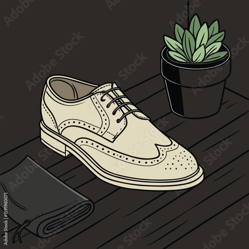 A classic leather brogue shoe is displayed with a potted succulent and a fabric pouch, creating a sophisticated and timeless composition