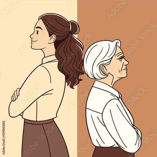 A young woman and an elderly woman stand back to back in profile, representing different generations and the passage of time